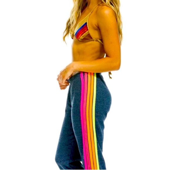 Aviator Nation M 5 stripe sweatpants blue/charcoal neon stripes gently worn - Picture 10 of 10